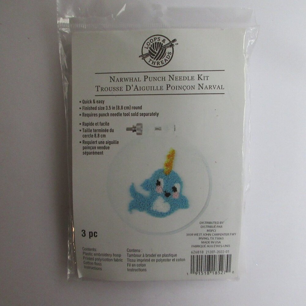 Loops & Threads Punch Needle Kit Narwhal Craft NEW and Sealed with Hoop
